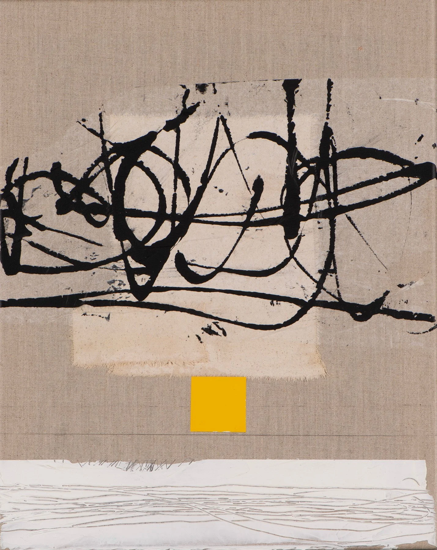 Abstract artwork featuring black, expressive, gestural brushstrokes on a beige fabric background, with a yellow square underneath and a white textured surface below.