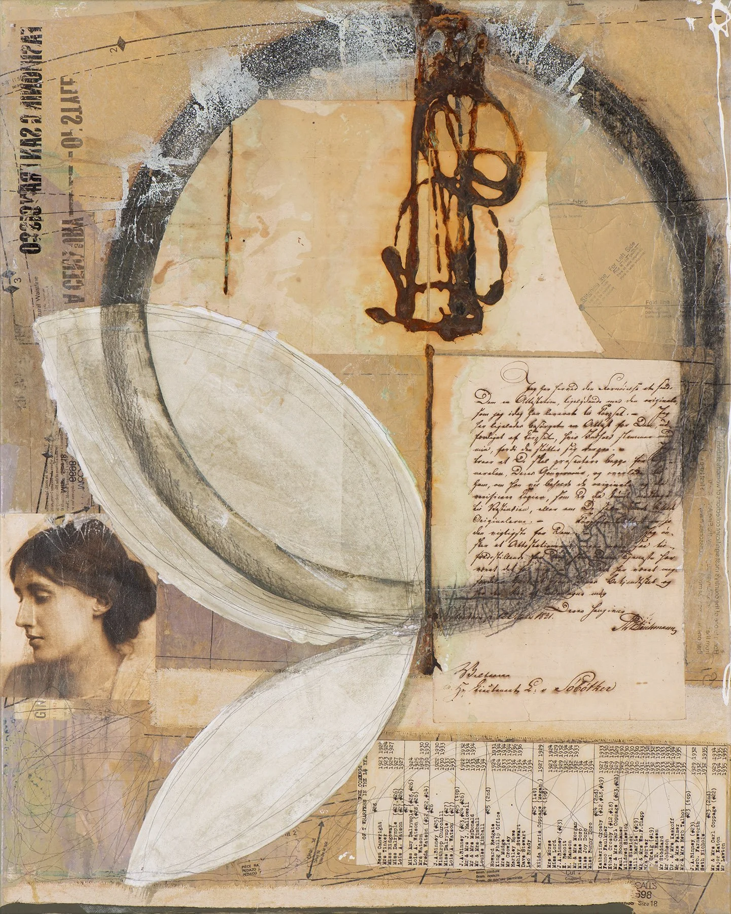 Mixed media collage featuring a woman's profile, handwritten script, scientific diagrams, and artistic sketches, with prominent abstract flower shapes.