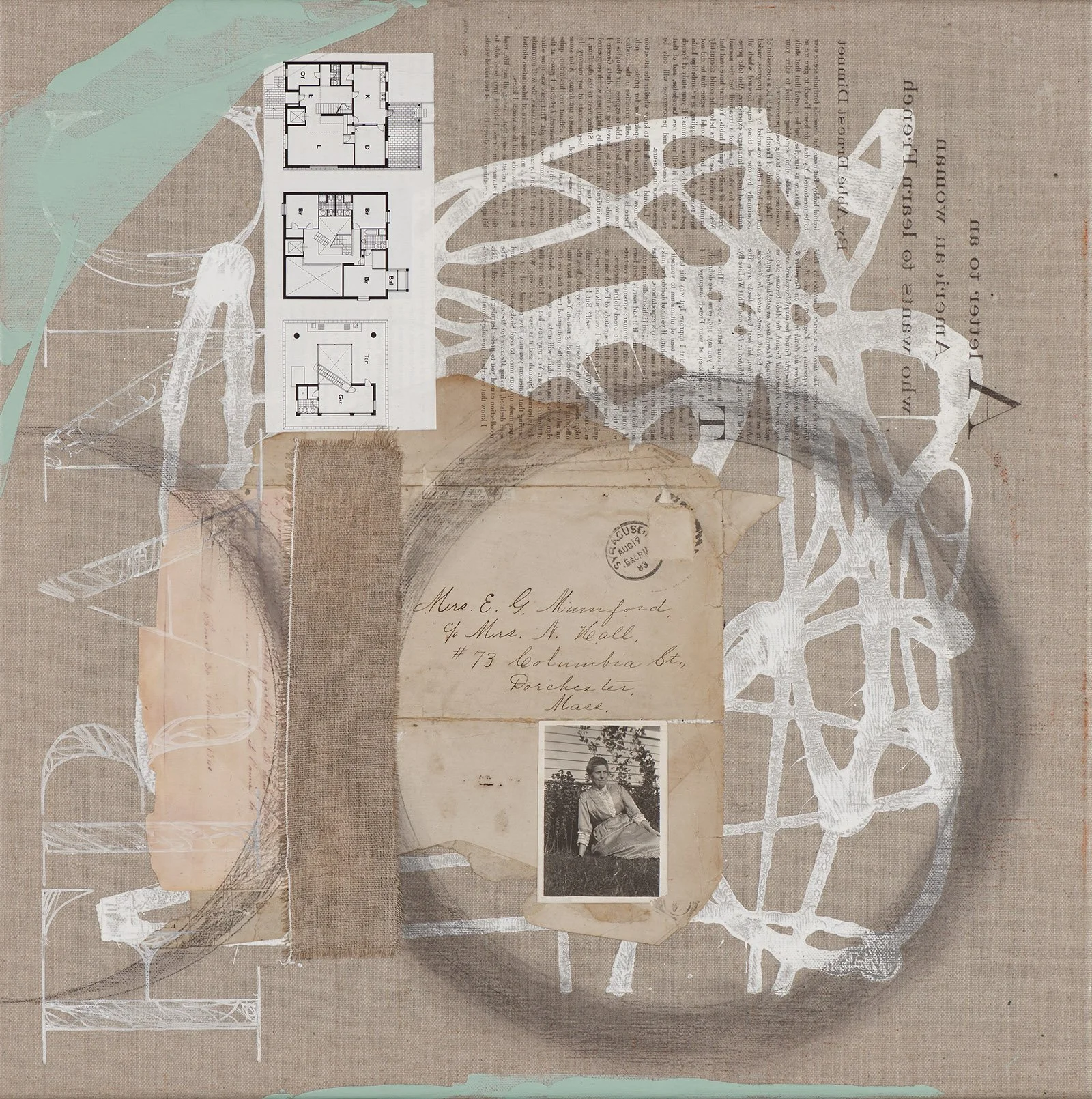 Collage of architectural drawings, a vintage letter with a photo of a woman, and abstract botanical sketches on a textured background.