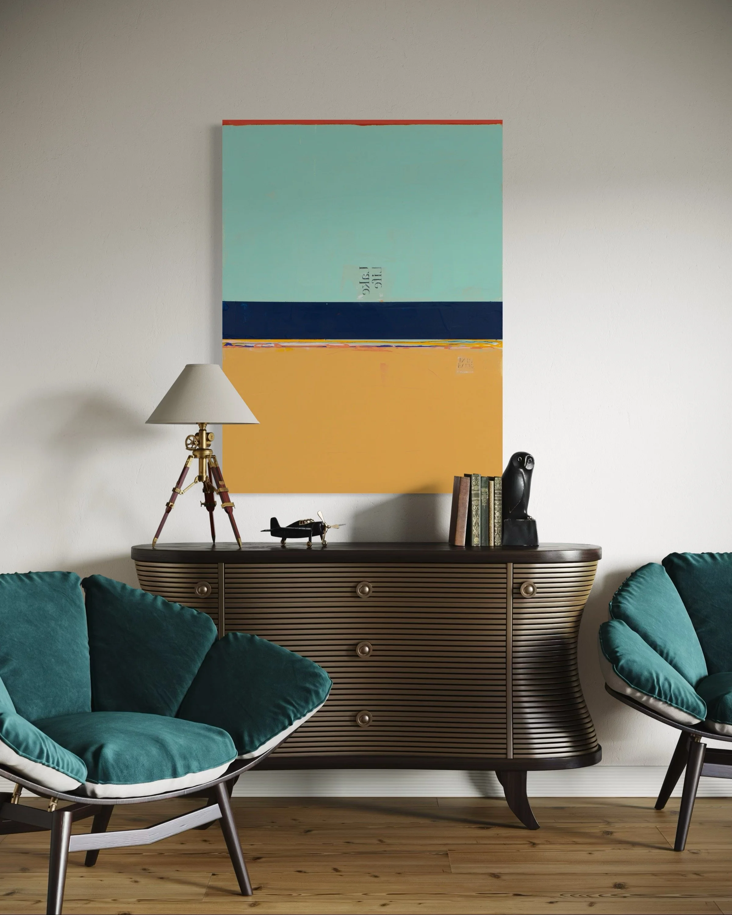 Interior of a living room with a mid-century modern sideboard, teal velvet chairs, a table lamp, a model airplane, and a black owl sculpture, with a colorful abstract painting on the wall.