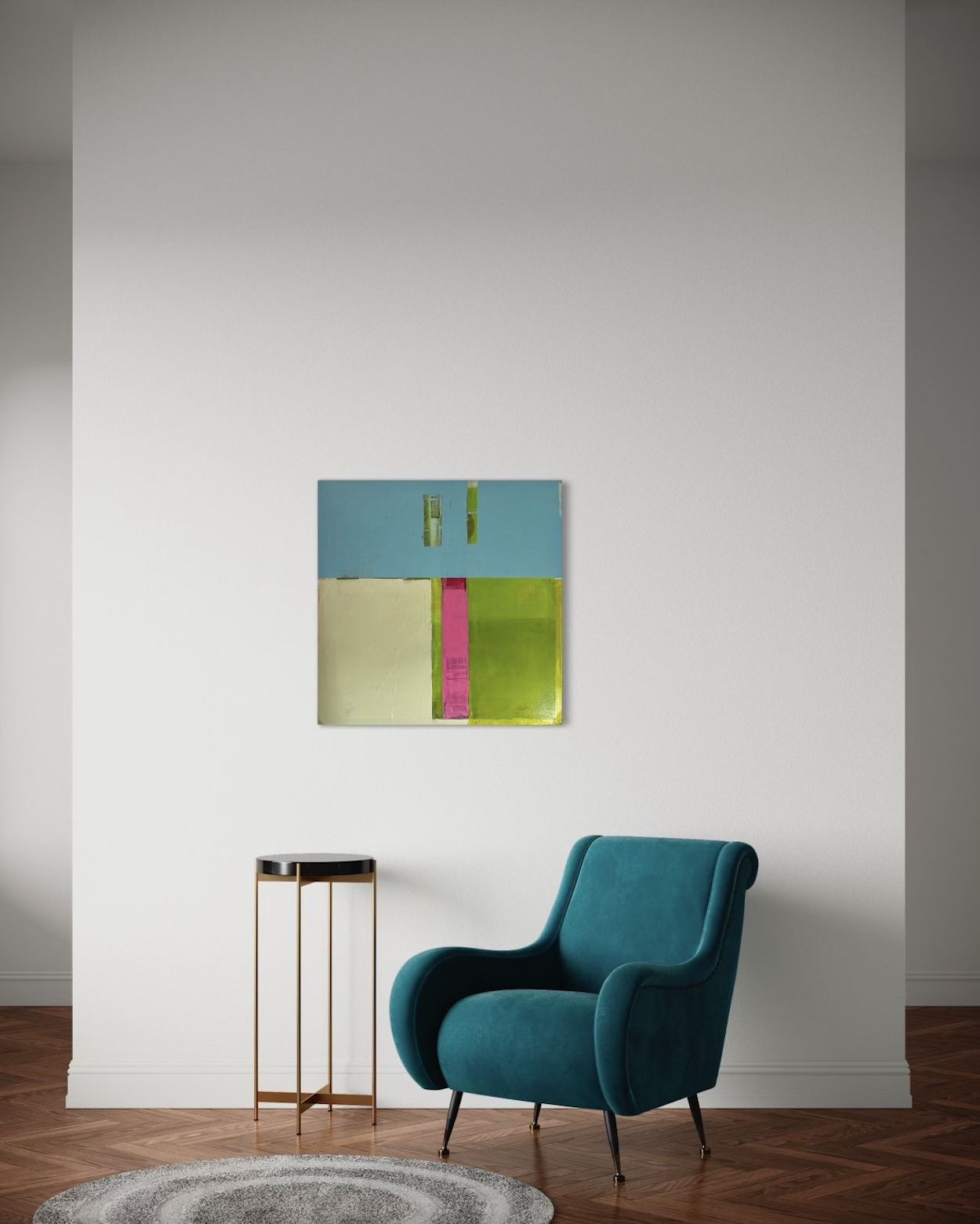 A modern living room corner with a teal armchair, abstract colorful wall art, a side table, a circular rug, and hardwood floors.