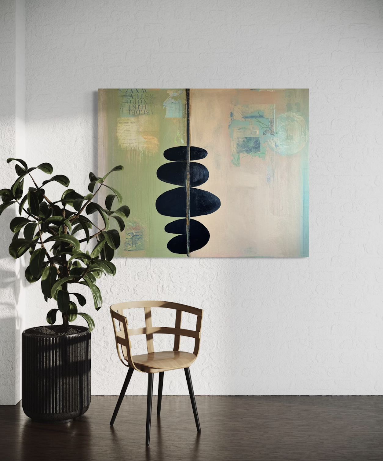 A modern interior with a potted plant, wooden chair, abstract painting on a white textured wall, and hardwood floor.