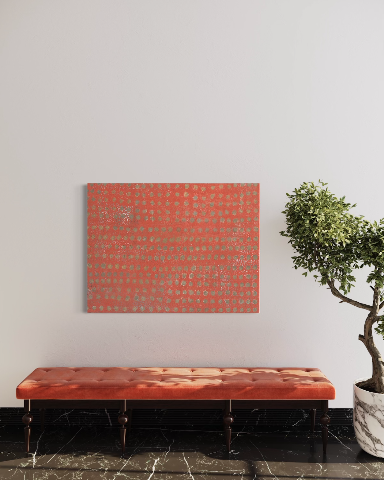 Empty room with a pink bench, a wall-mounted abstract painting, and a potted plant against a white wall.