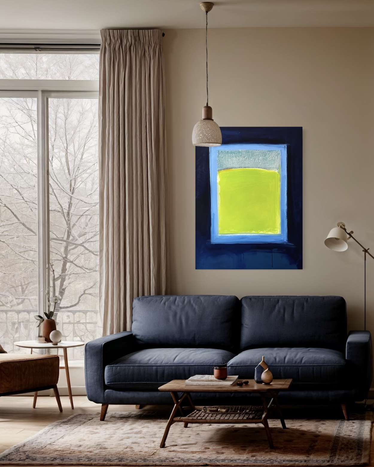 Living room with a navy blue sofa, a wooden coffee table, beige curtains, a floor lamp, and an abstract painting with blue, green, and yellow colors on the wall.