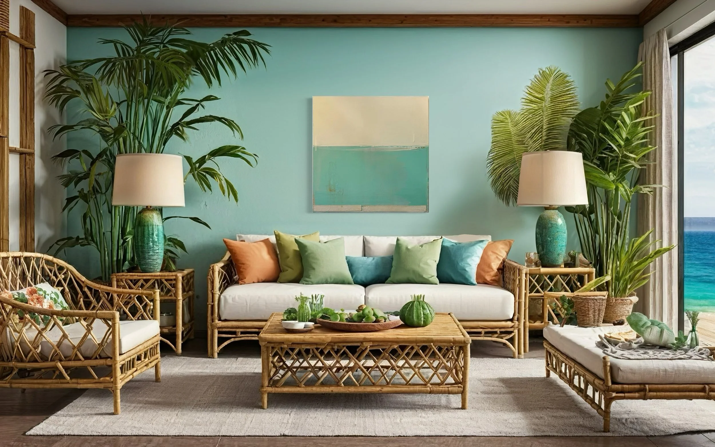 Coastal living room with rattan furniture, colorful pillows, tropical plants, and ocean view.