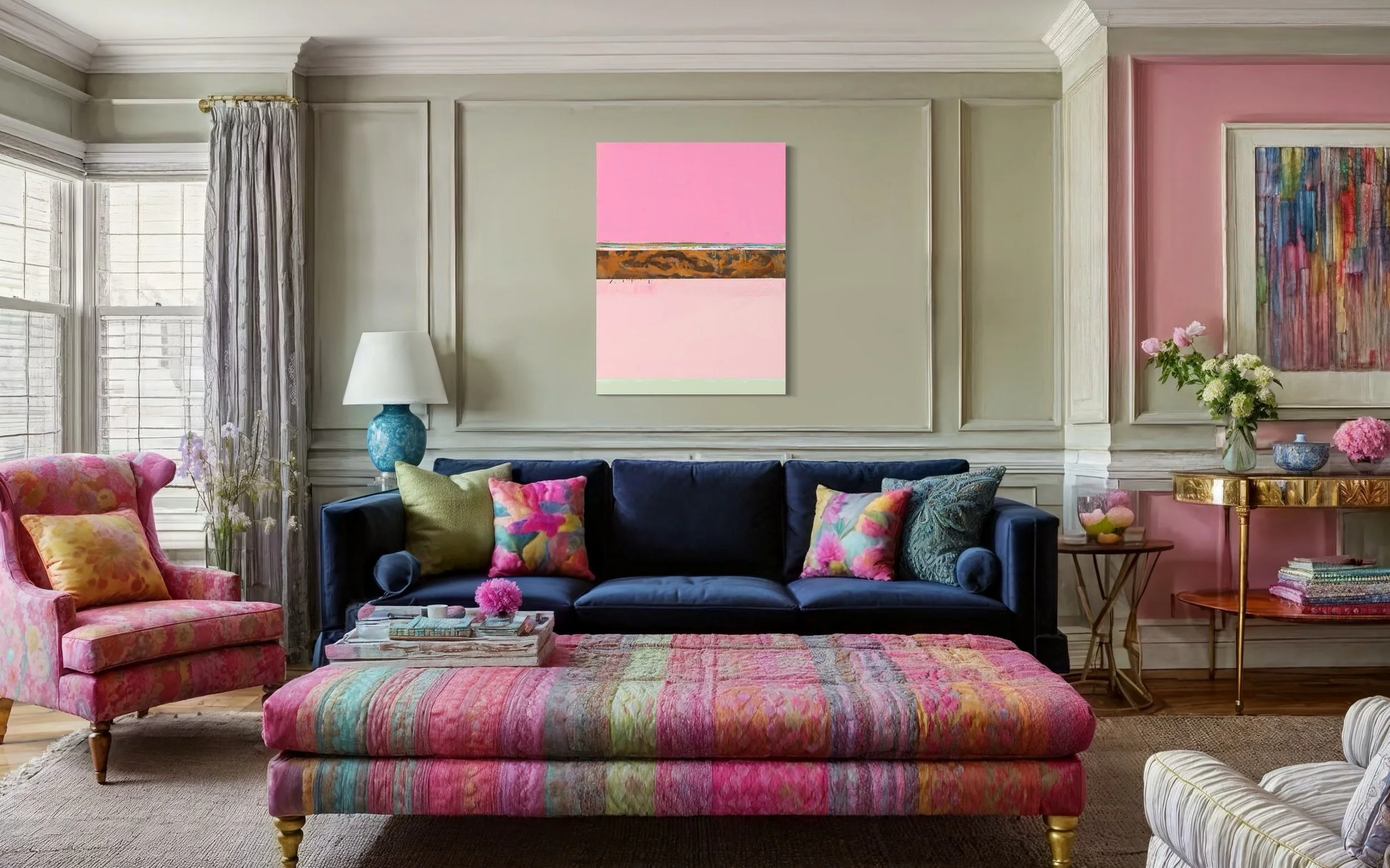 Colorful living room with a pink and floral patterned couch and armchair, navy blue sofa with colorful pillows, side tables with flowers and decorative items, and artwork on the walls.