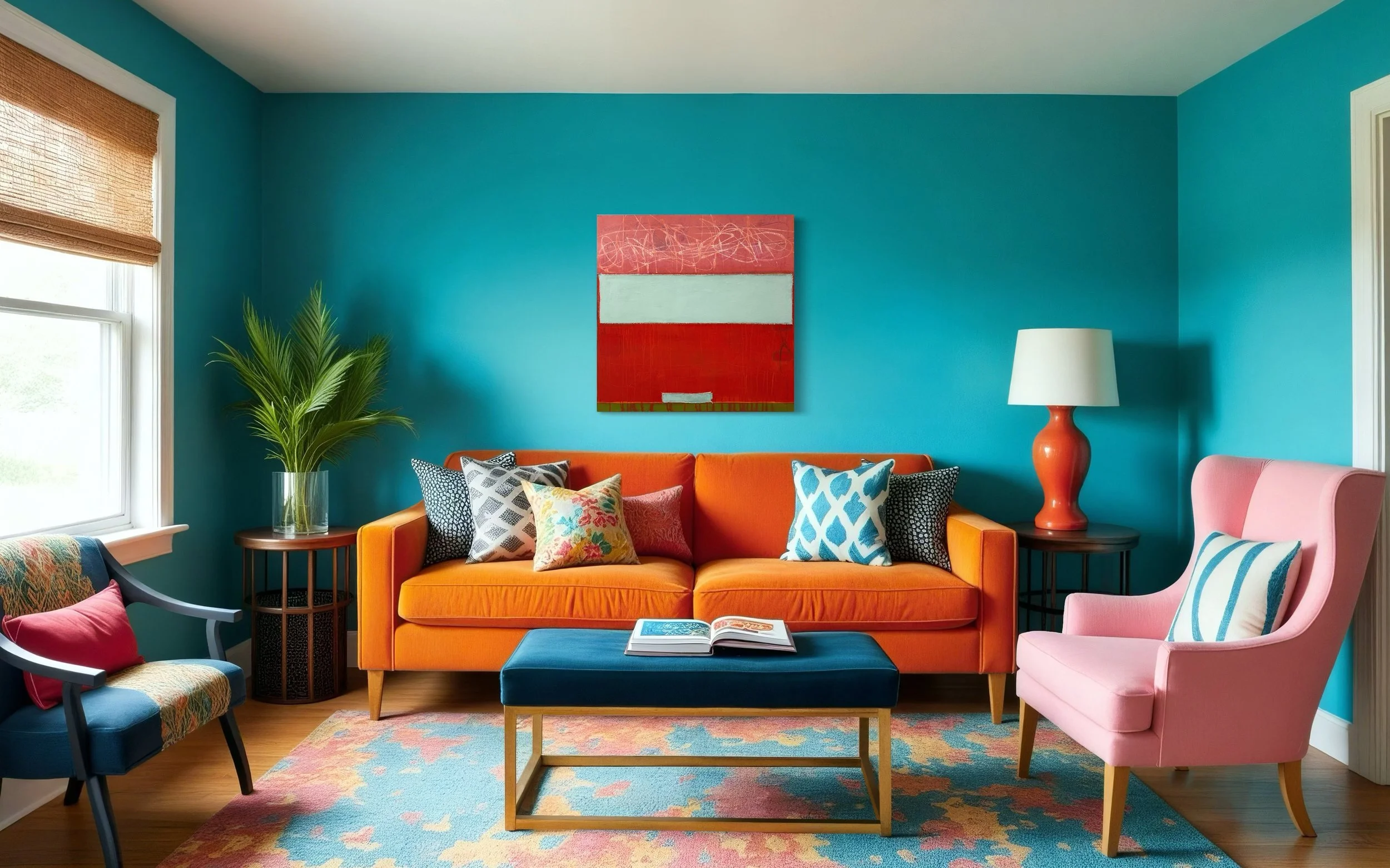 Colorful living room with turquoise walls, orange sofa with assorted patterned pillows, pink wingback chair with a striped pillow, blue velvet ottoman with a book, patterned area rug, large window with woven shades, potted plant, and white and coral 