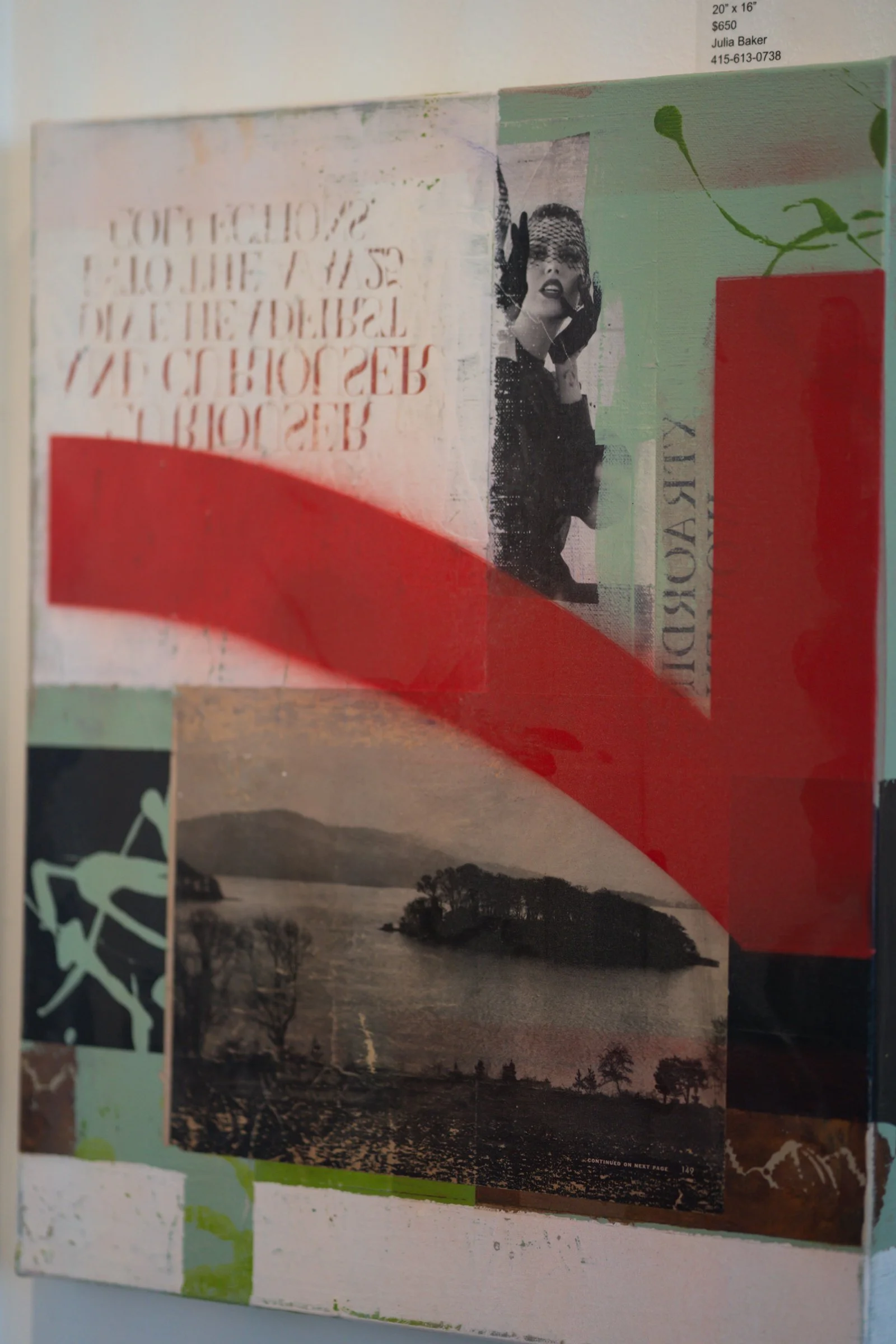 A mixed media collage artwork with images of a black-and-white landscape, a woman, and various text and graphic elements layered together.