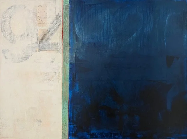 An abstract painting divided into two sections, with a thin green line separating a light-colored left side and a dark blue right side.
