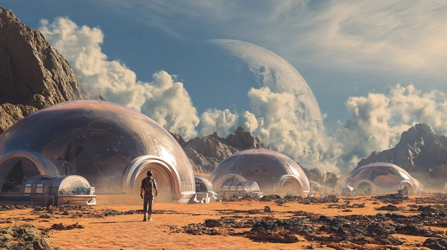 A man walks near dome-shaped buildings of a human space colony on an alien world