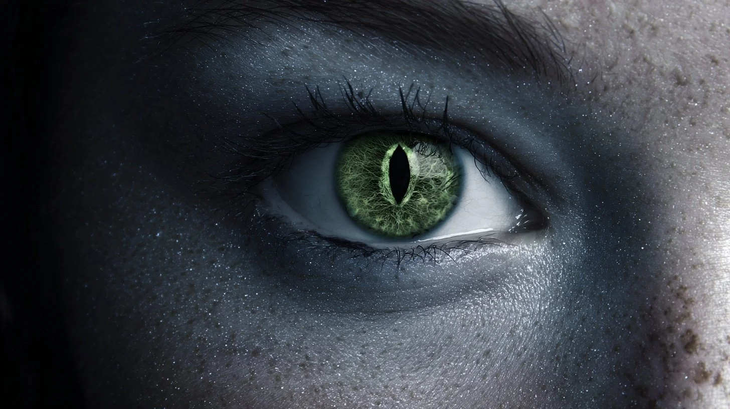A young woman with a reptilian eye