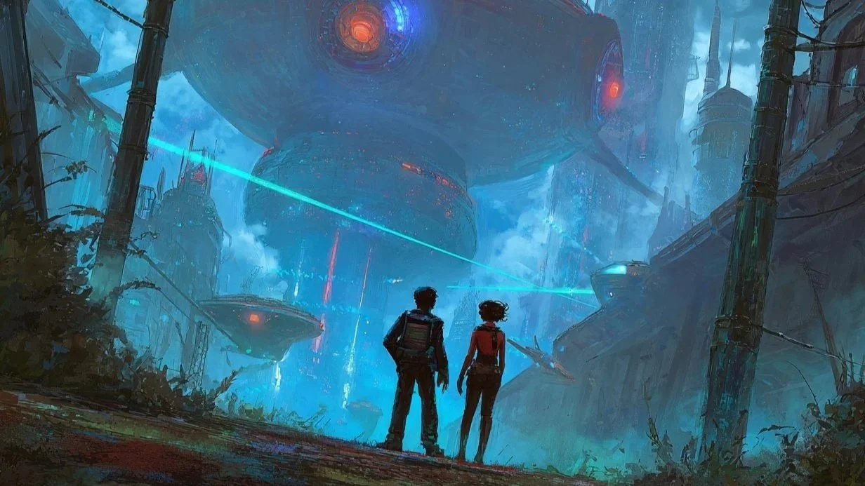 Two young people gaze at an alien city