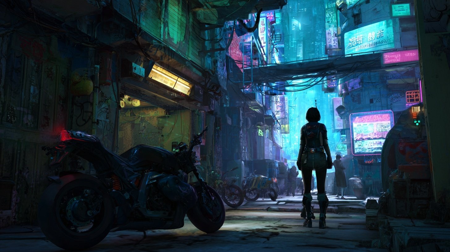 A woman stands in an alley that glows with neon light