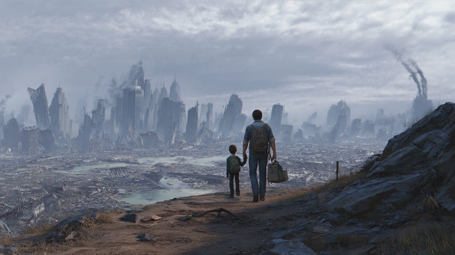 A man and young boy gaze at the ruins of New York City