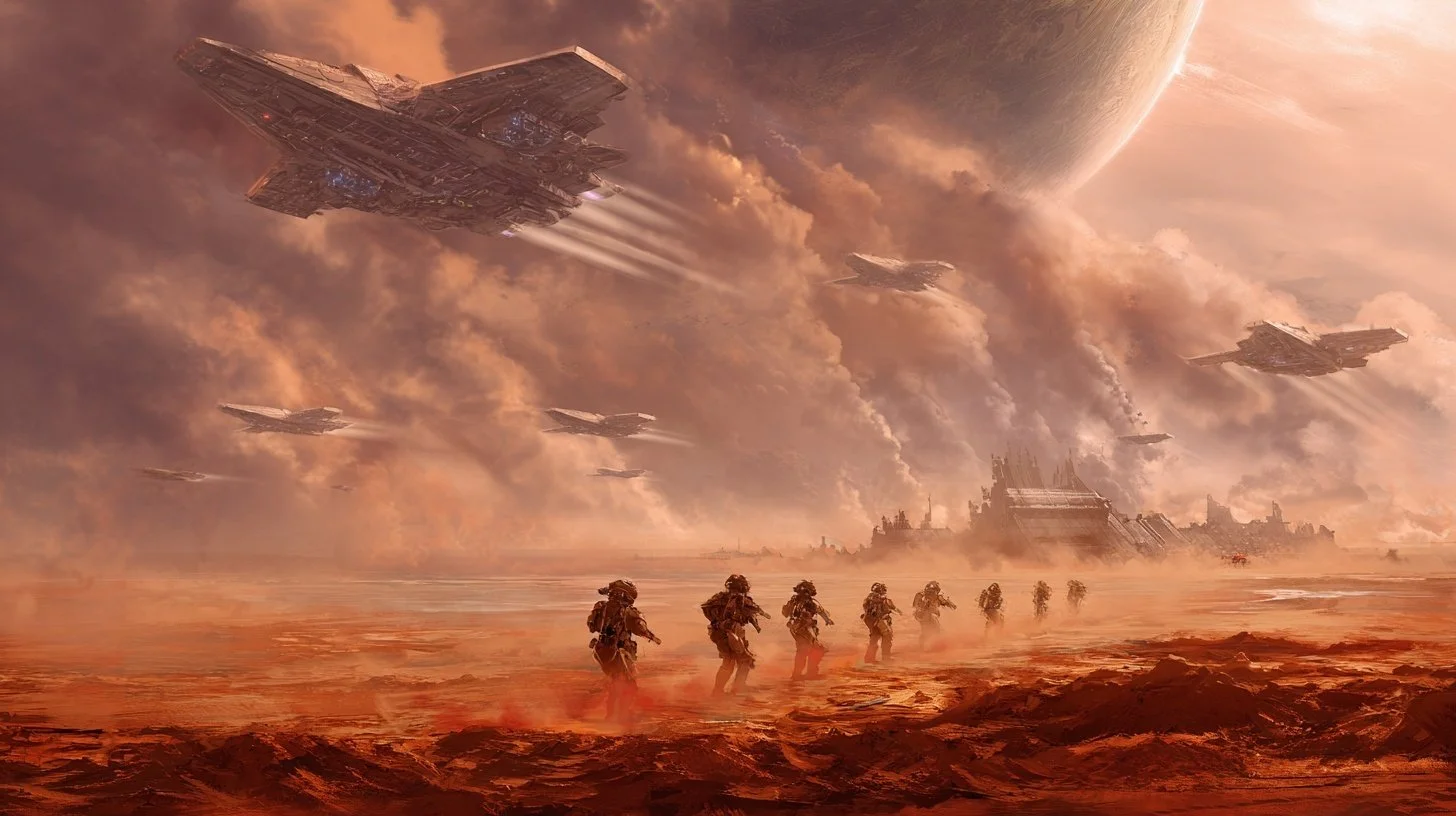 A group of futuristic soldiers on a desert world. spaceships fly above.
