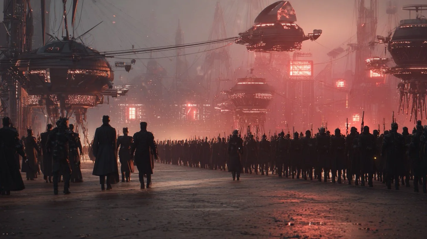 An army of futuristic soldiers stands at attention in a dark futuristic city