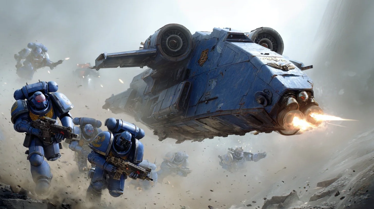 A group of space marines run beneath a drop ship