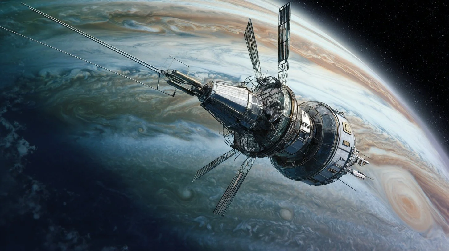 A low-tech spaceship flies close to the planet Jupiter