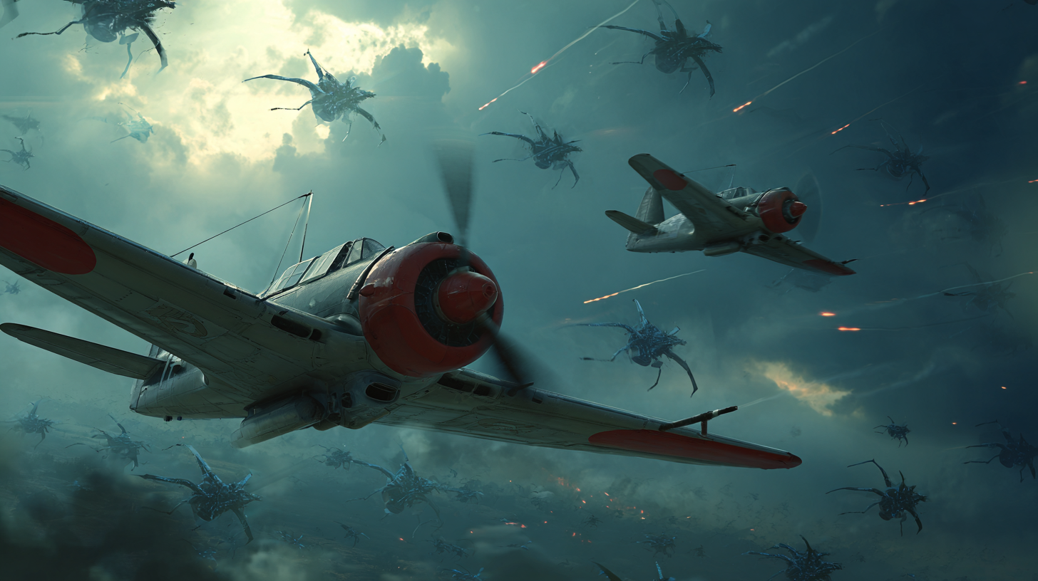 Giant alien insects fly with World War II fighter planes