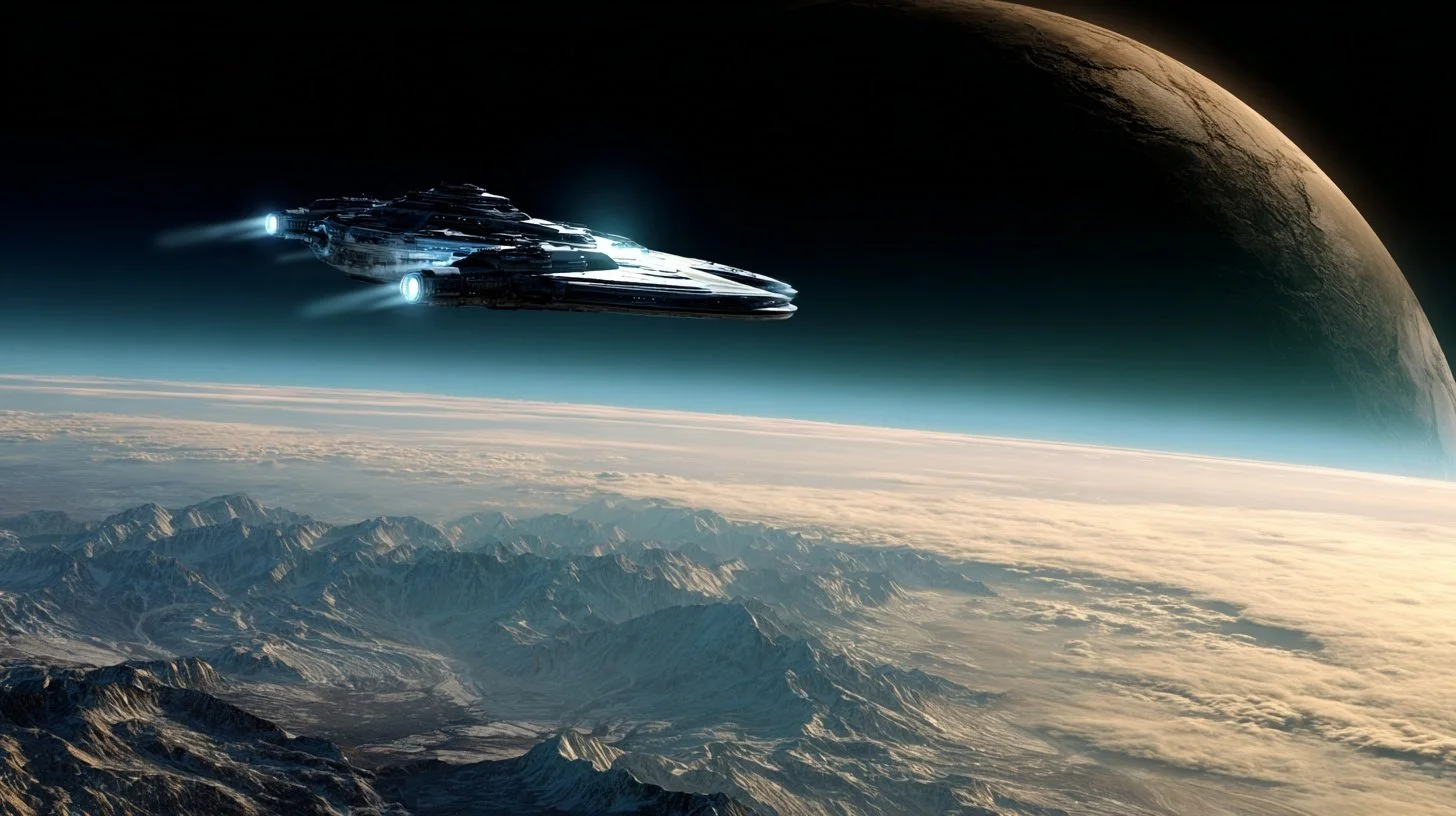 A starship flies above a mountain range on an alien planet