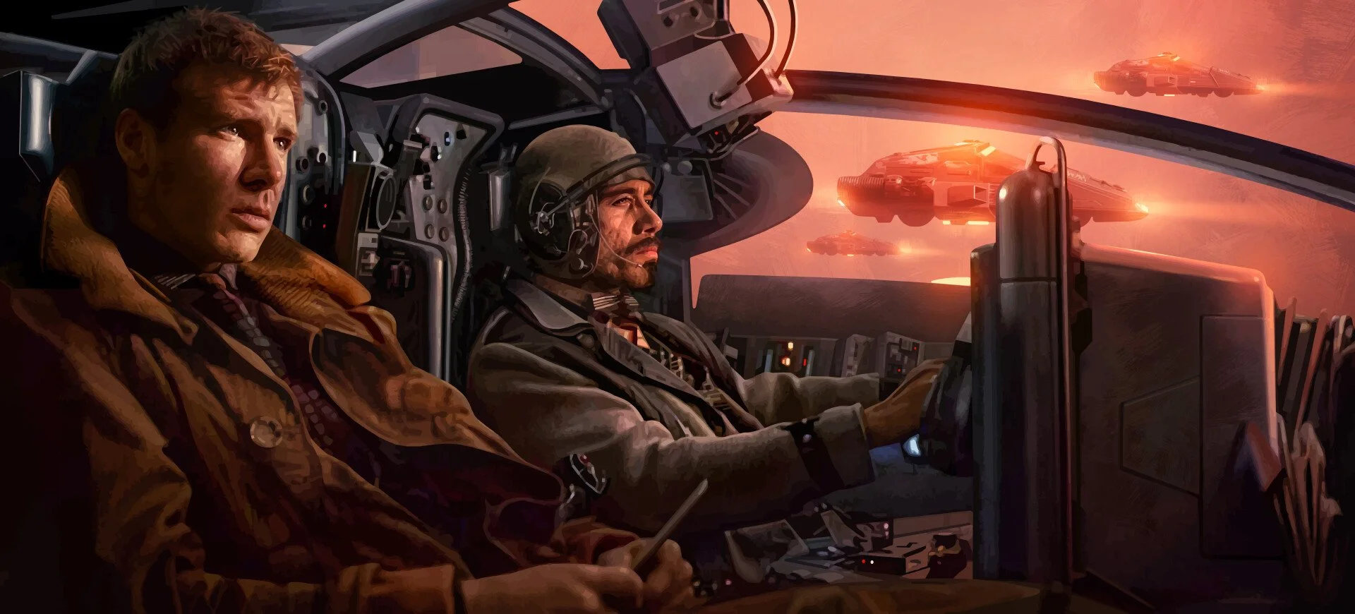 Deckard and Detective Gaff fly a Spinner in Blade Runner