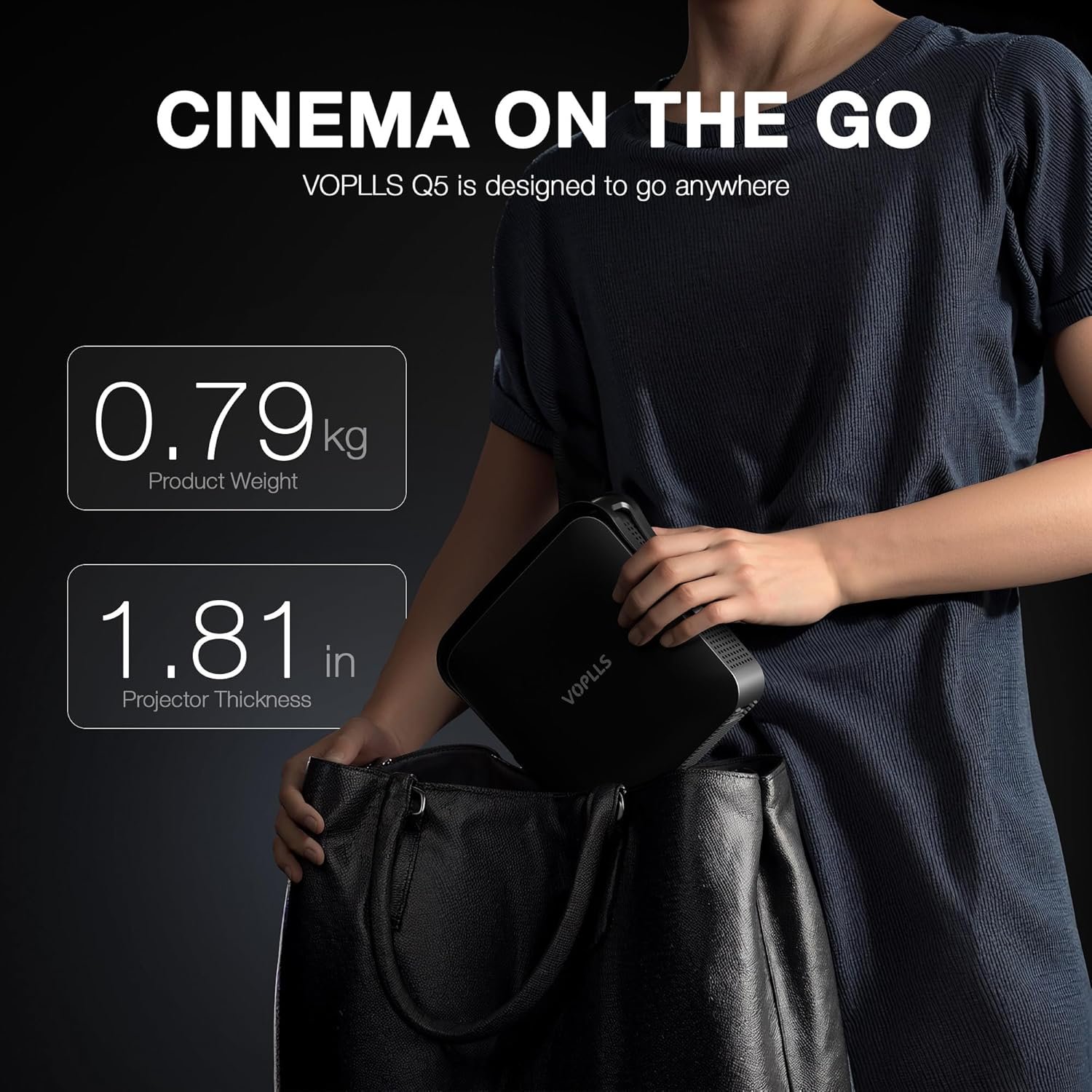 VOPLLS Q5 Mini Projector is designed to go anywhere. 0.79kg, 1.81 inches