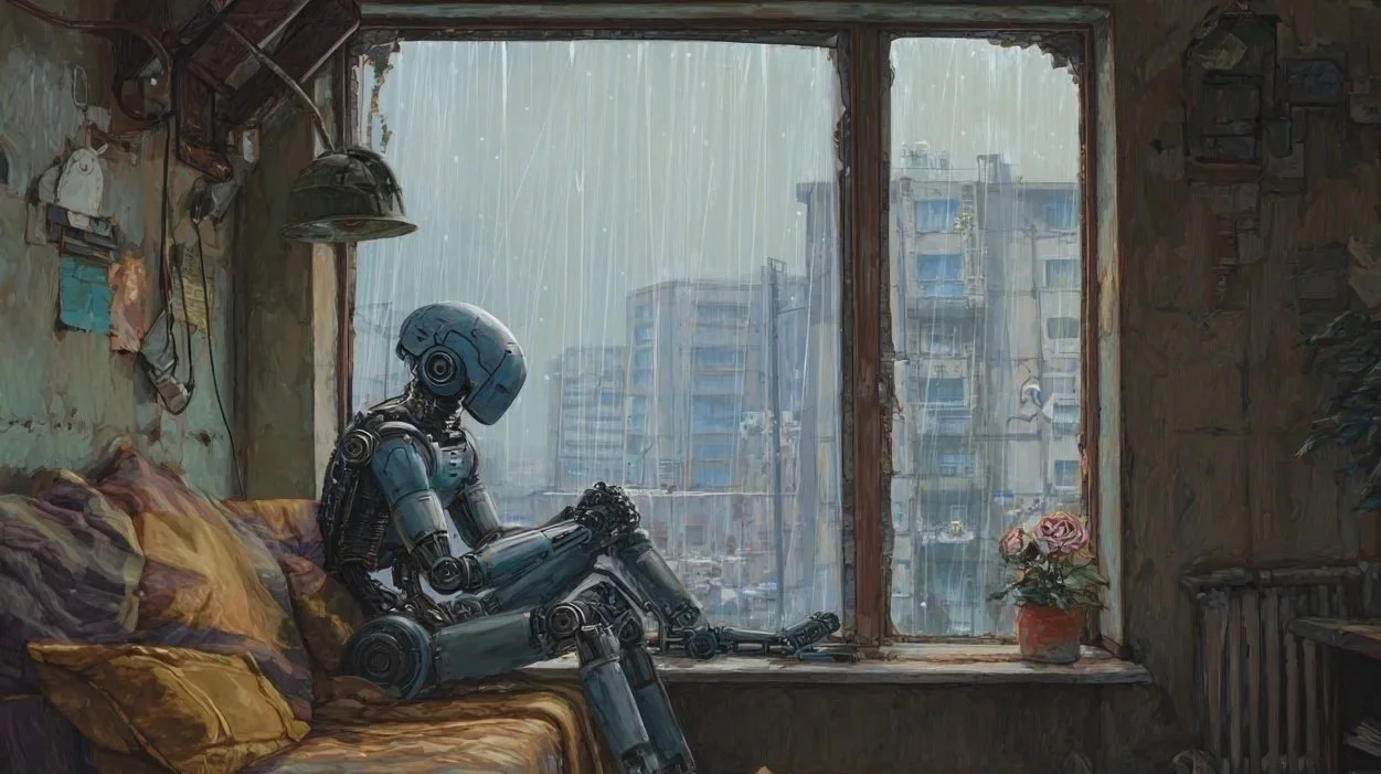 A humanoid robot gazes out of a rainy window