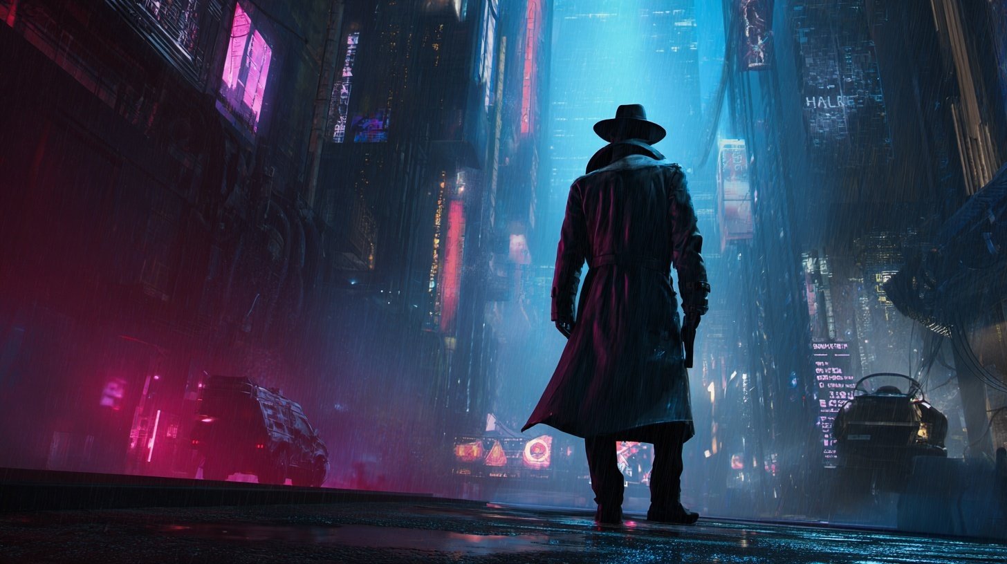 A detective stands on a street in a cyberpunk city