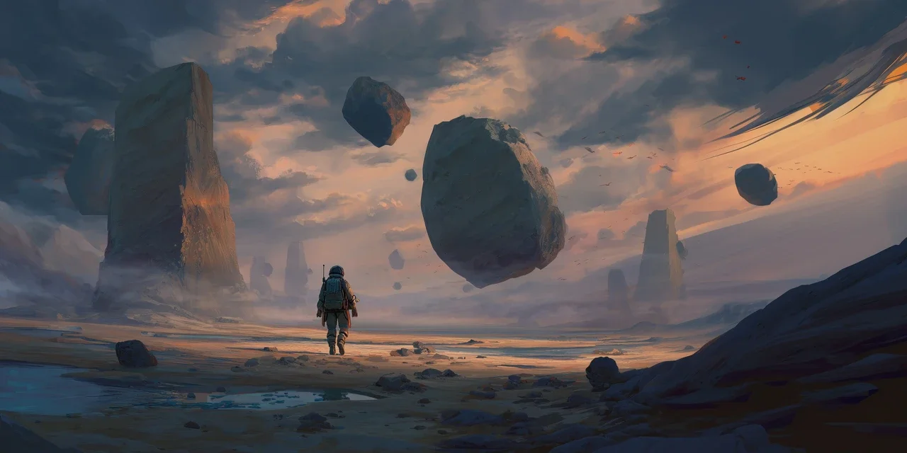 An alien landscape where rocks float above an astronaut.
