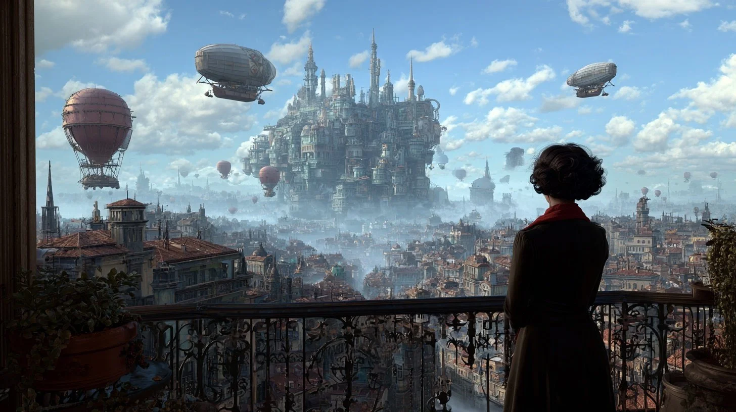 A woman gazes at a steampunk city from a balcony. Dirigibles and zeppelins fly above.