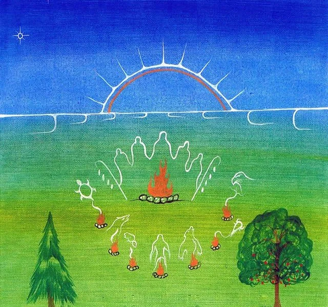 Children sitting around a campfire in a forest clearing with two trees, a blue sky, and a rainbow in the background.