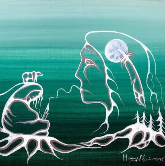 Abstract line art painting depicting a human face profile with a moon in the brain area, a wolf howling at the moon, and trees at the bottom.