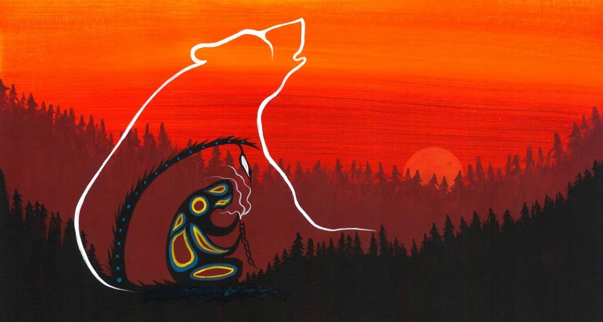 A Bear silhouette, with a Faster reflected inside the bear, in front of a sunset with a forest below.