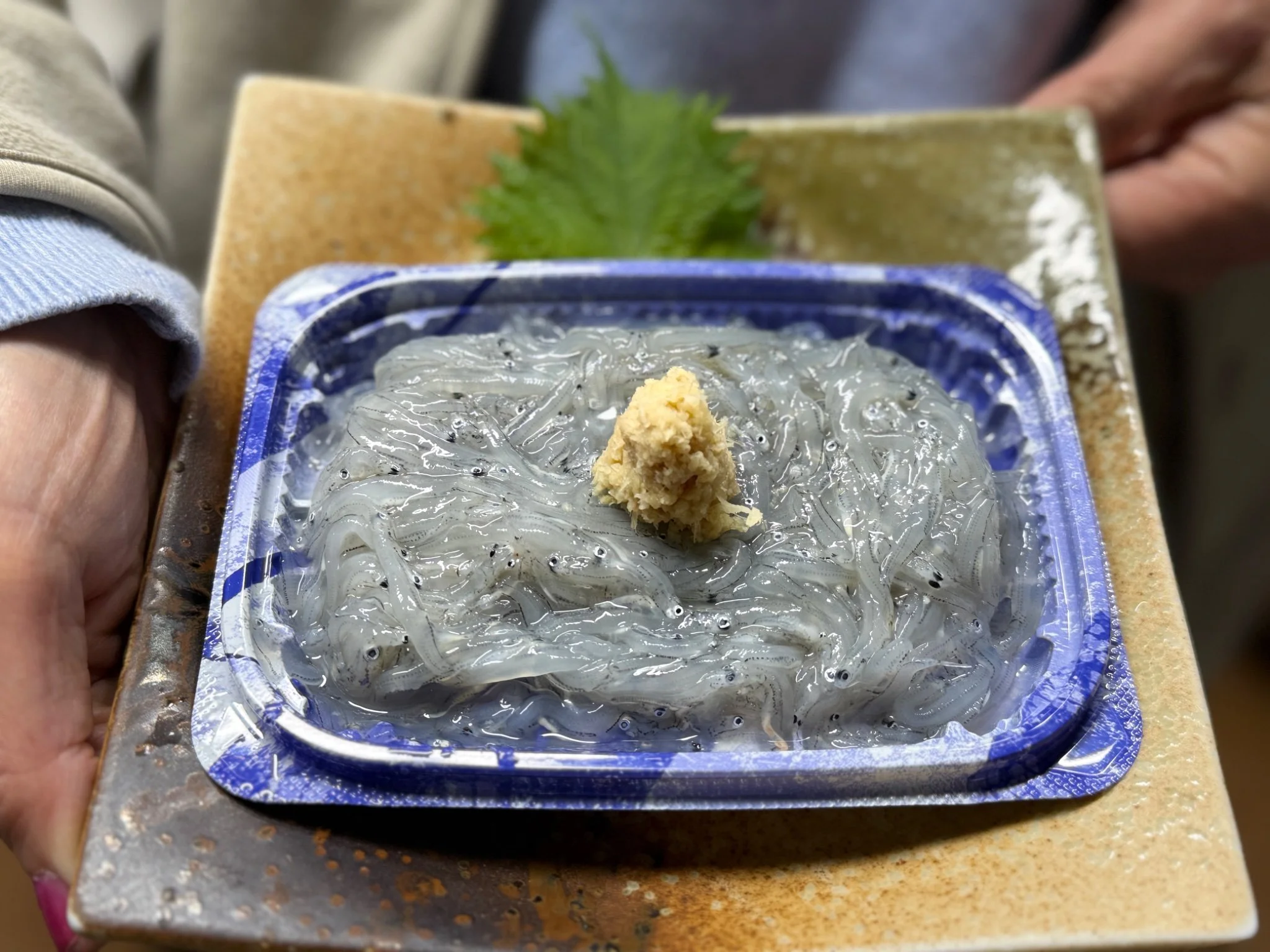 A photo of a dish featuring transparent small squid sashimi topped with ginger
