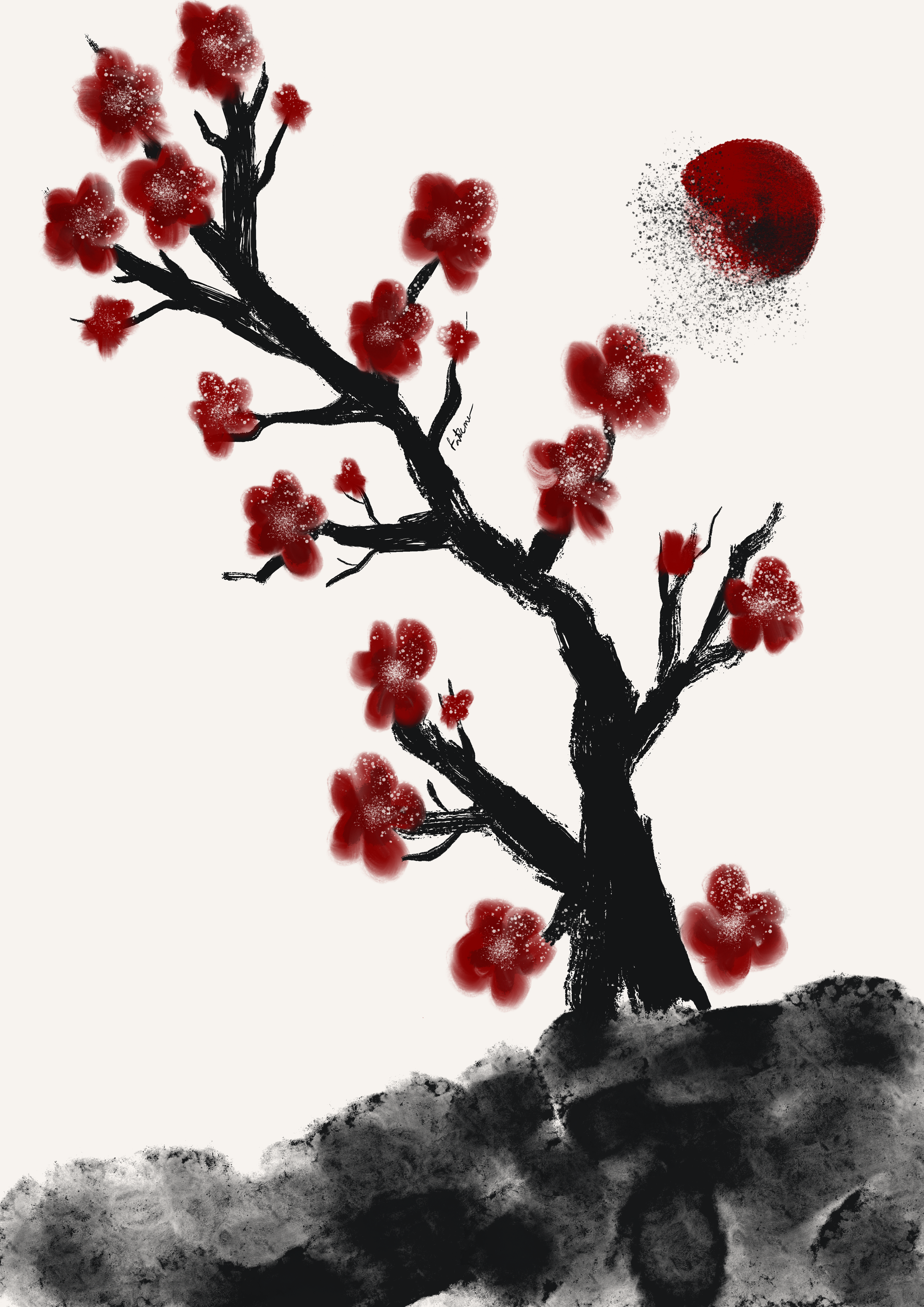 A black ink-style drawing of a blossoming cherry tree with red flowers, contrasted with a large red circle resembling a sun or moon, and splattered black ink effects.