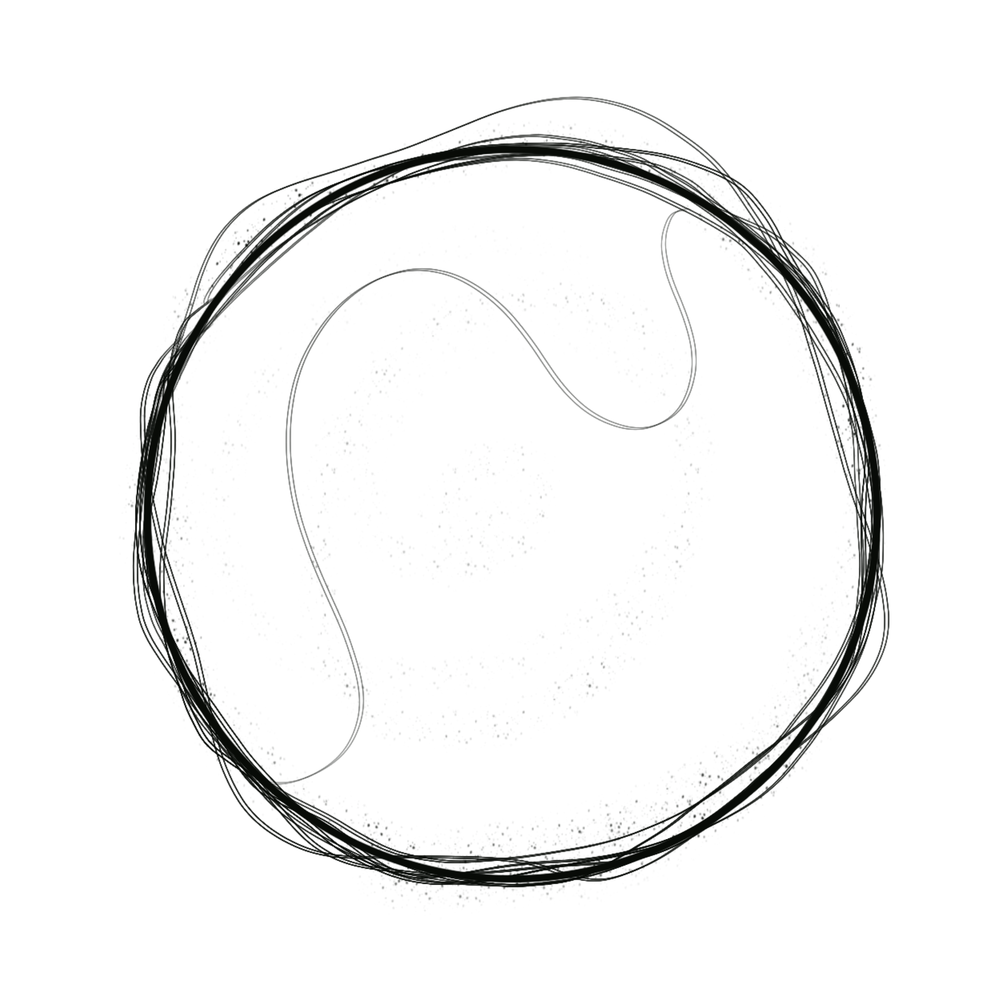 Abstract black and white circular drawing with irregular lines and paired curved lines inside.