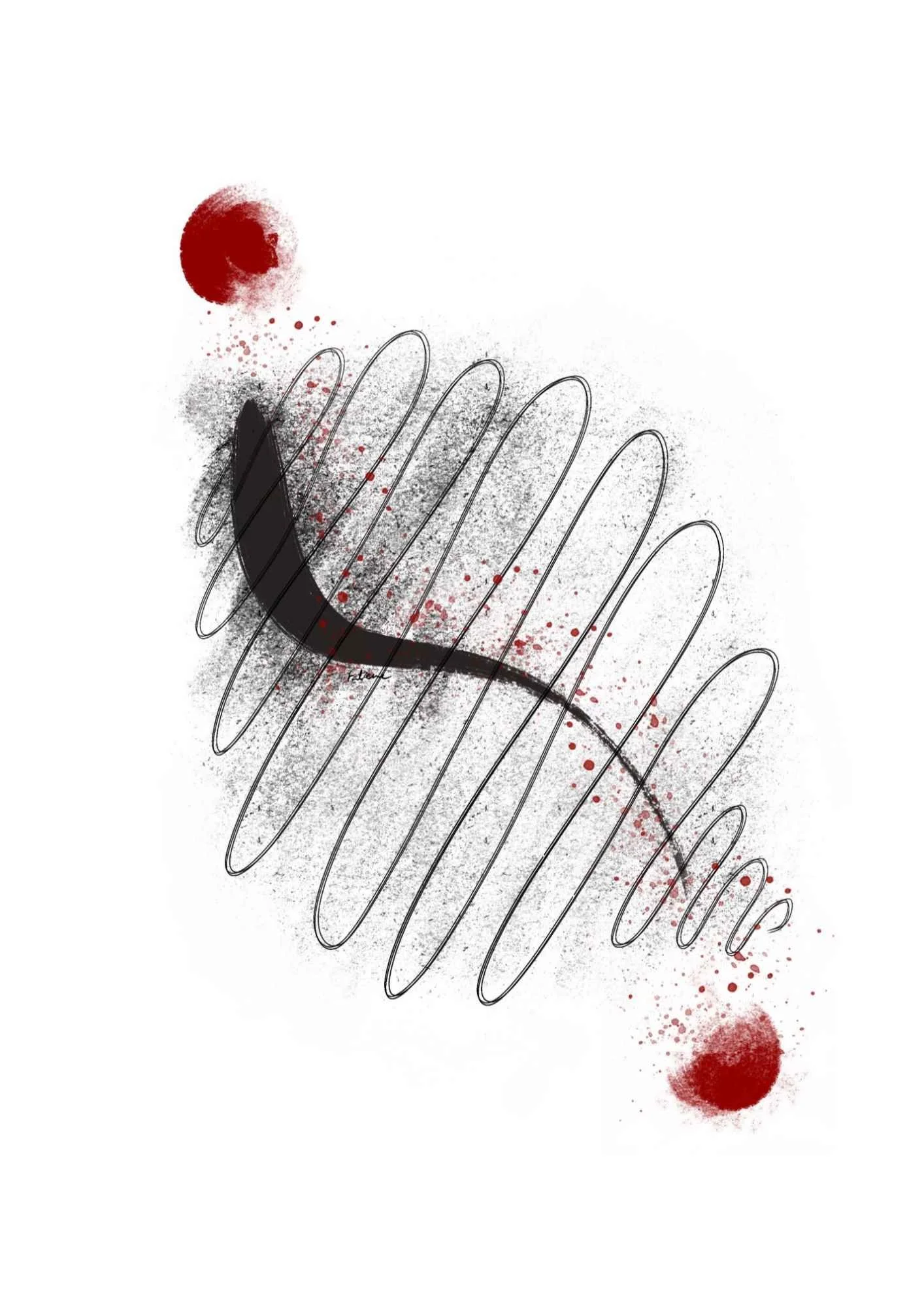 Abstract illustration of ink and gestural lines in black and maroon color