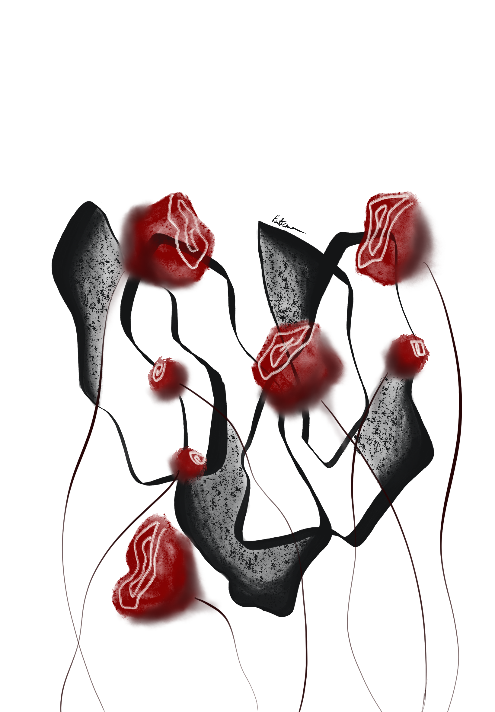 Abstract illustration of stylized flowers with black textured stems and flowing lines, featuring vibrant red blooms and petals with glowing effects against a white background.