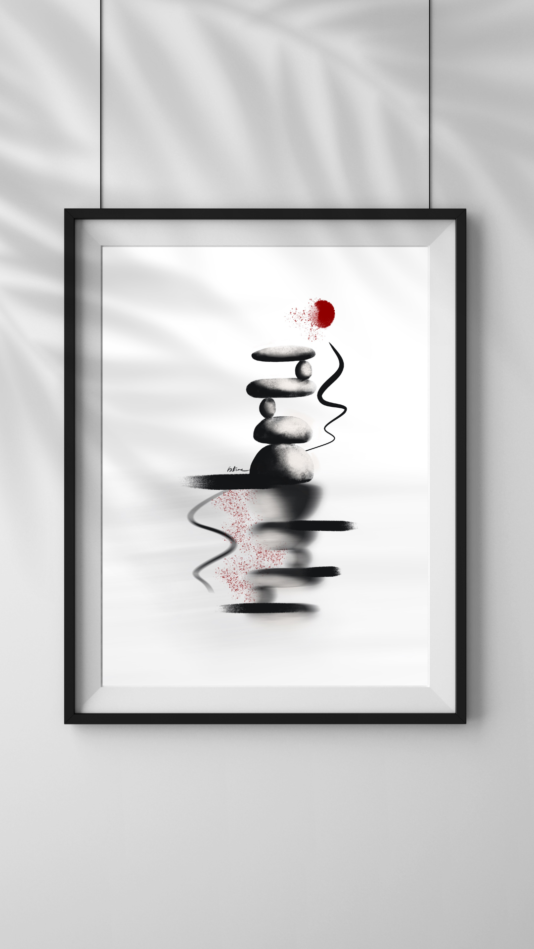 Abstract artwork featuring stacked black stones, a red paint splatter, and black lines reflected on a white background.