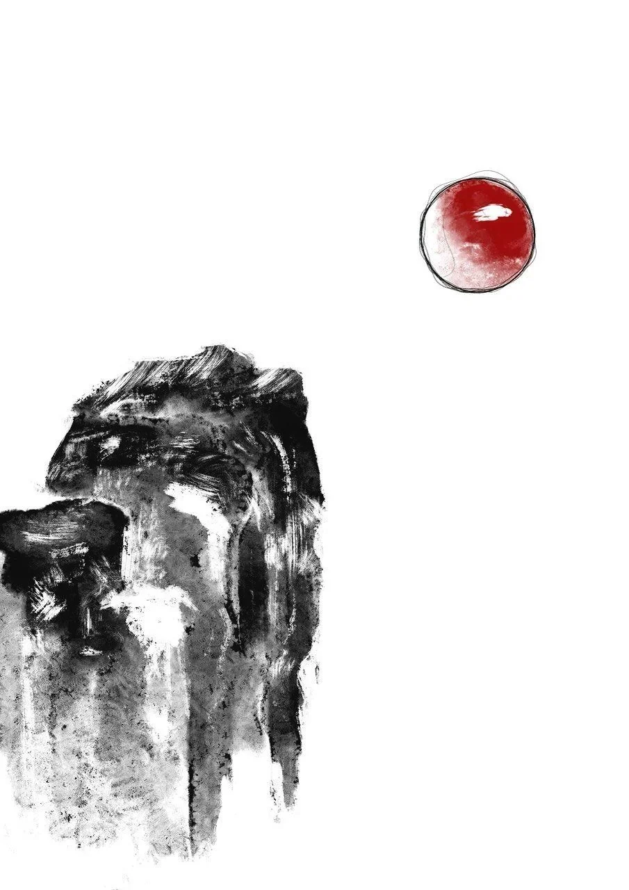 Abstract black and white ink wash painting of a person's profile with a red and white moon in the background.