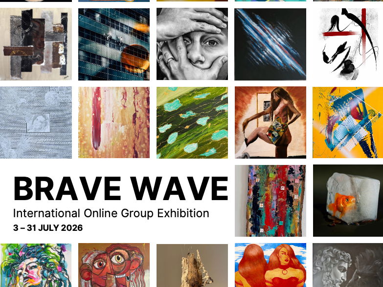 A collage of various abstract art pieces, including paintings, sculptures, and digital artwork, with a central white section displaying the text "BRAVE WAVE" and details for an online art exhibition from July 3 to July 31, 2026 - Clover Gallery.