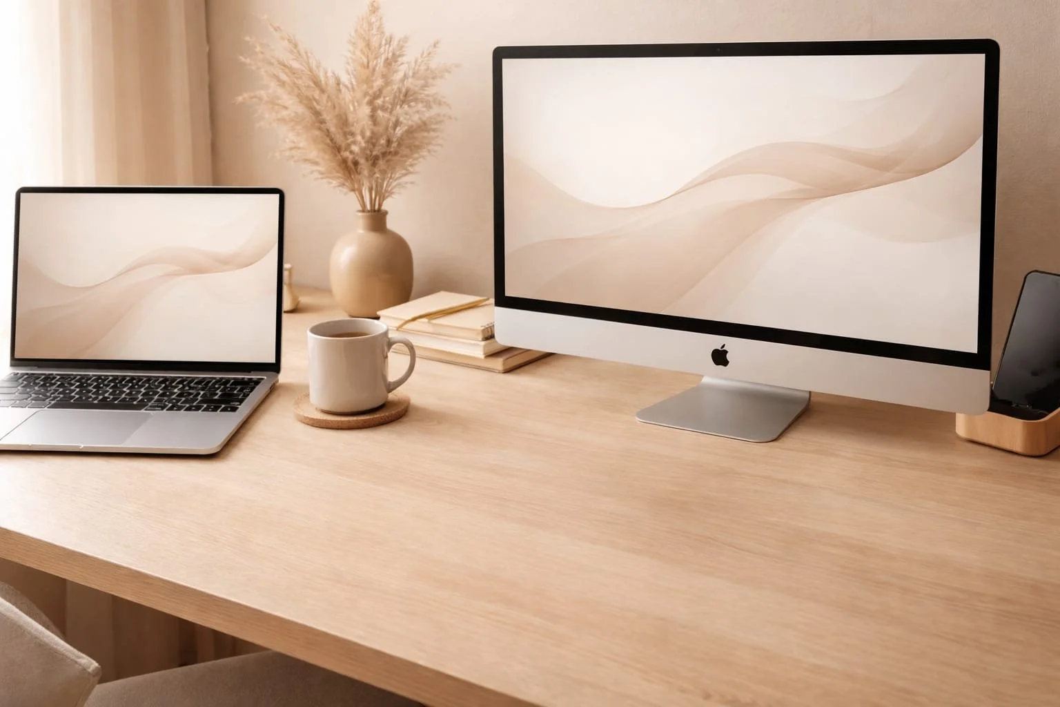 Ein Schreibtisch mit einem MacBook, einem iMac, einer Tasse Kaffee auf einem Untersetzer, einem Stapel Notizbücher, einer Vase mit Trockenblumen, und einem Smartphone im Ladegerät. Das Setup befindet sich vor einem Licht, neutralen Wand.