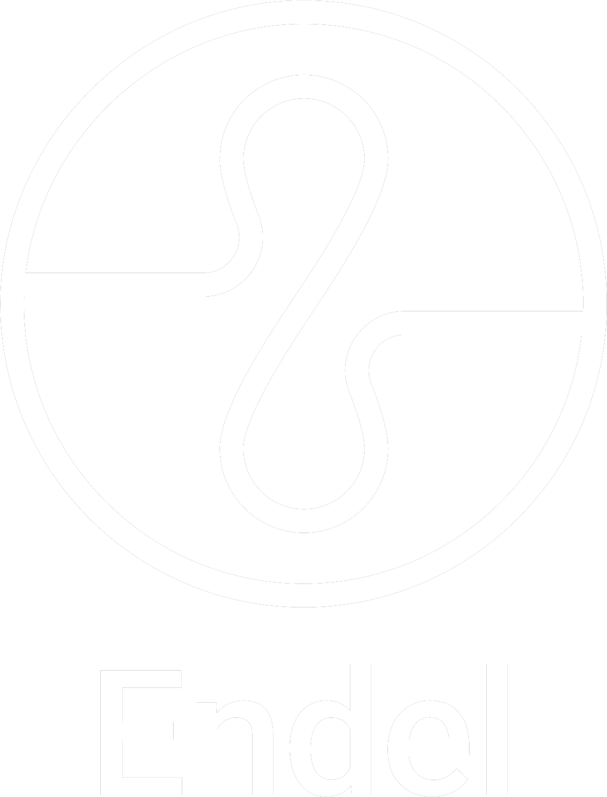 A black and white logo with a circle containing a stylized letter S or infinity symbol, and the word Endel at the bottom.
