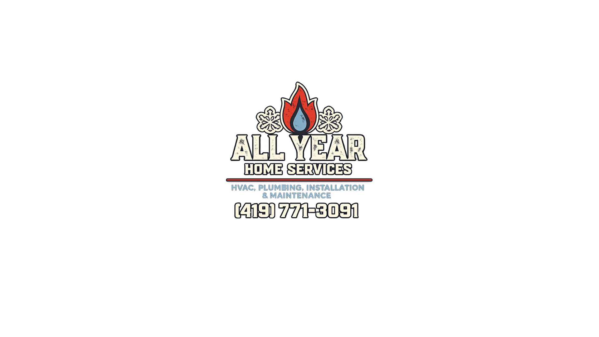 Logo for All Year Home Services, featuring a red and blue flame and snowflake, with text for HVAC, plumbing, installation, and maintenance, and a contact phone number (419) 771-3091.