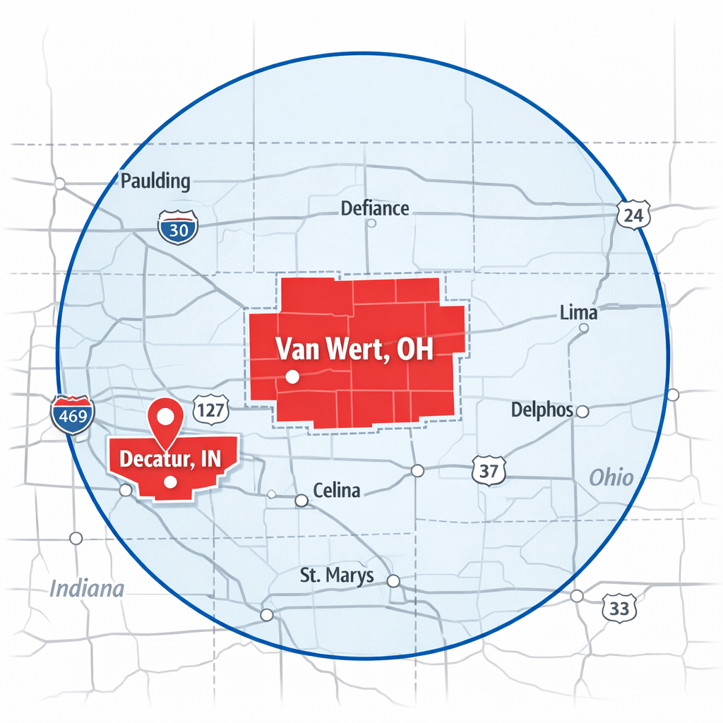 Map showing the locations of Decatur, Indiana and Van Wert, Ohio, with a circular coverage area including nearby towns.