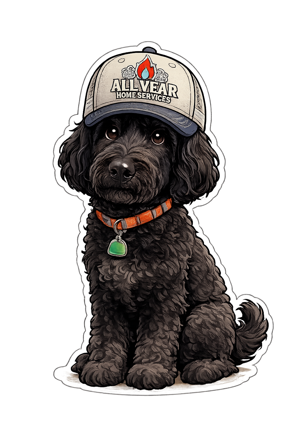 A black curly-haired dog wearing an All Year Home Services cap.