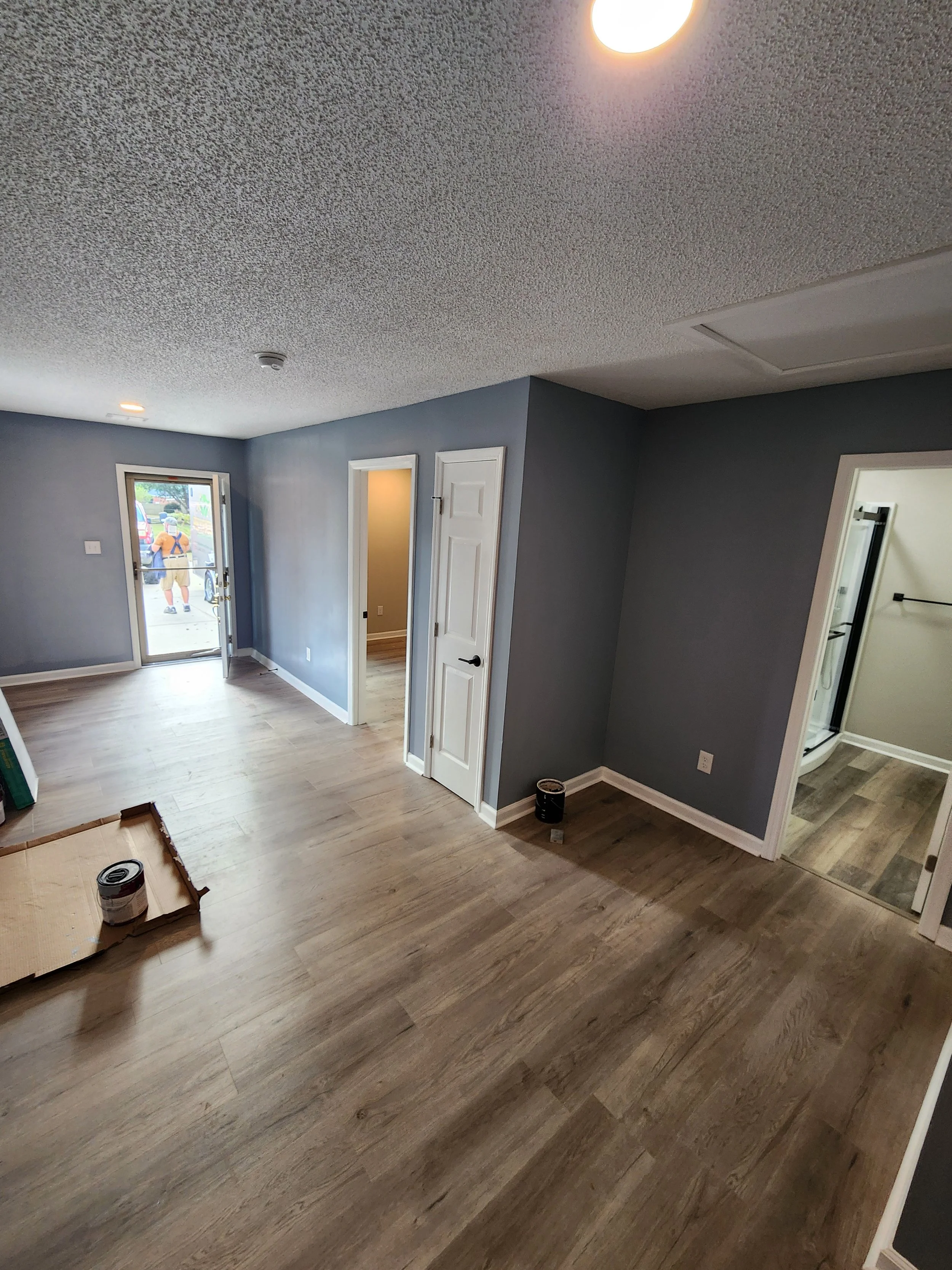 Interior of a modern residential living space with wooden flooring, blue painted walls, ceiling light, and a glass door leading to an outdoor area where a person and a bicycle are visible.