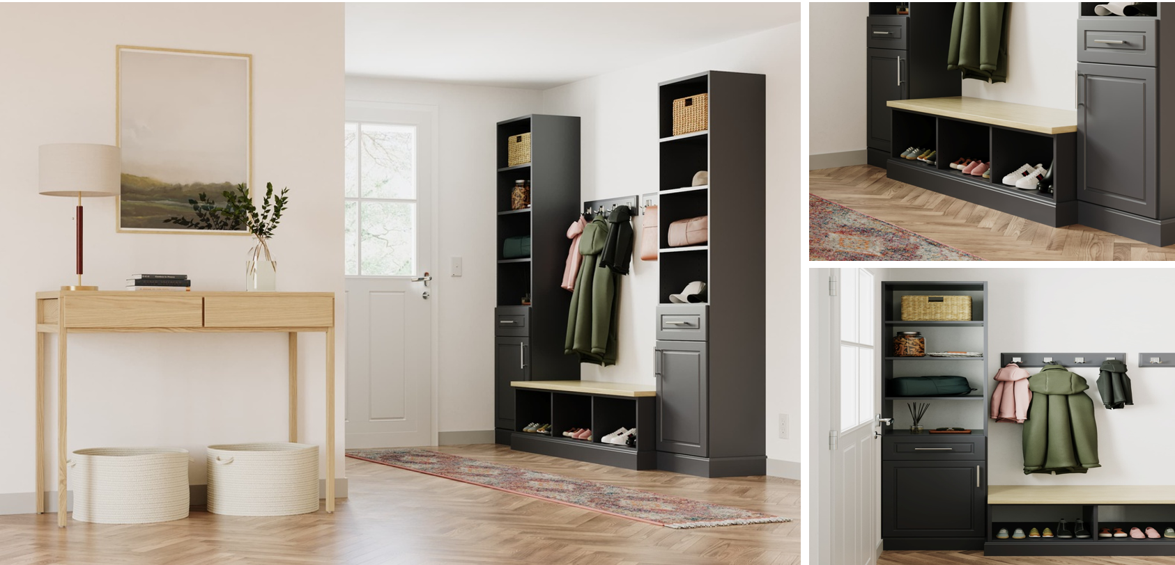 Entryway with black storage bench flanked by tall black shelving units filled with baskets and shoes. A gray and natural wood coat rack with hooks and a bench above it, decorated with jackets and shoes, is mounted on the wall. A white door with a win