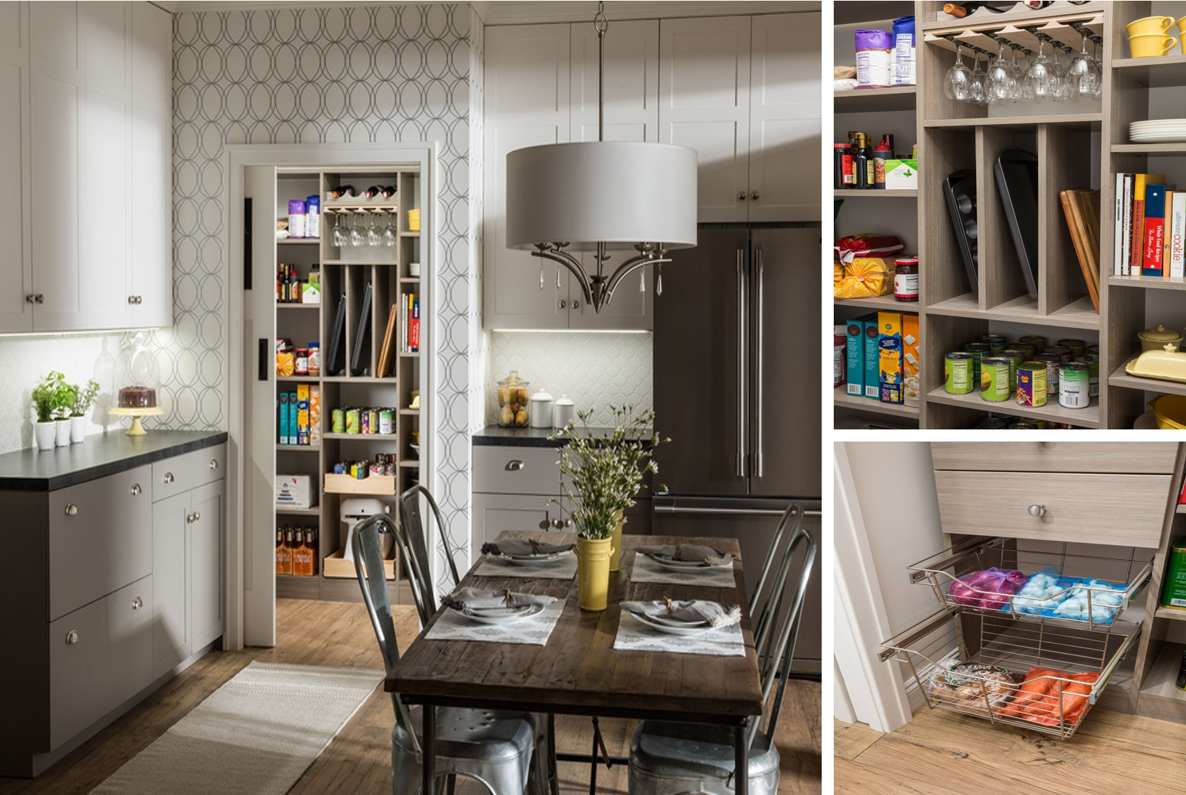 A kitchen with a dining table set for four, a hanging lamp, built-in cabinets, open shelves with food and dishes, a pantry with canned goods, and a pull-out drawer with colorful towels.