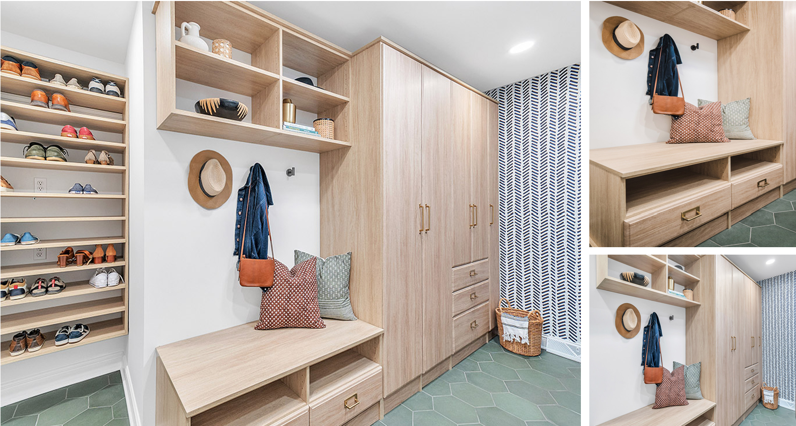 Entryway with built-in wooden closet with gold handles, hexagonal green floor tiles, a bench with pillows, hats, and hooks for bags on patterned wallpaper.